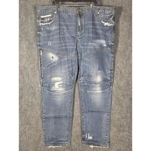 Heritage America Mens Jeans W46 L34 Moto Biker Denim Distressed Zip Fly‎ Blue